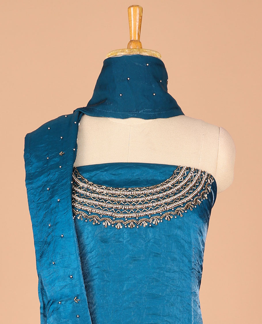 Blue Fendy organza jewellery design antique gold handwork chudidhar matrial set top with santoon with lining pant & one side hanwork dupatta