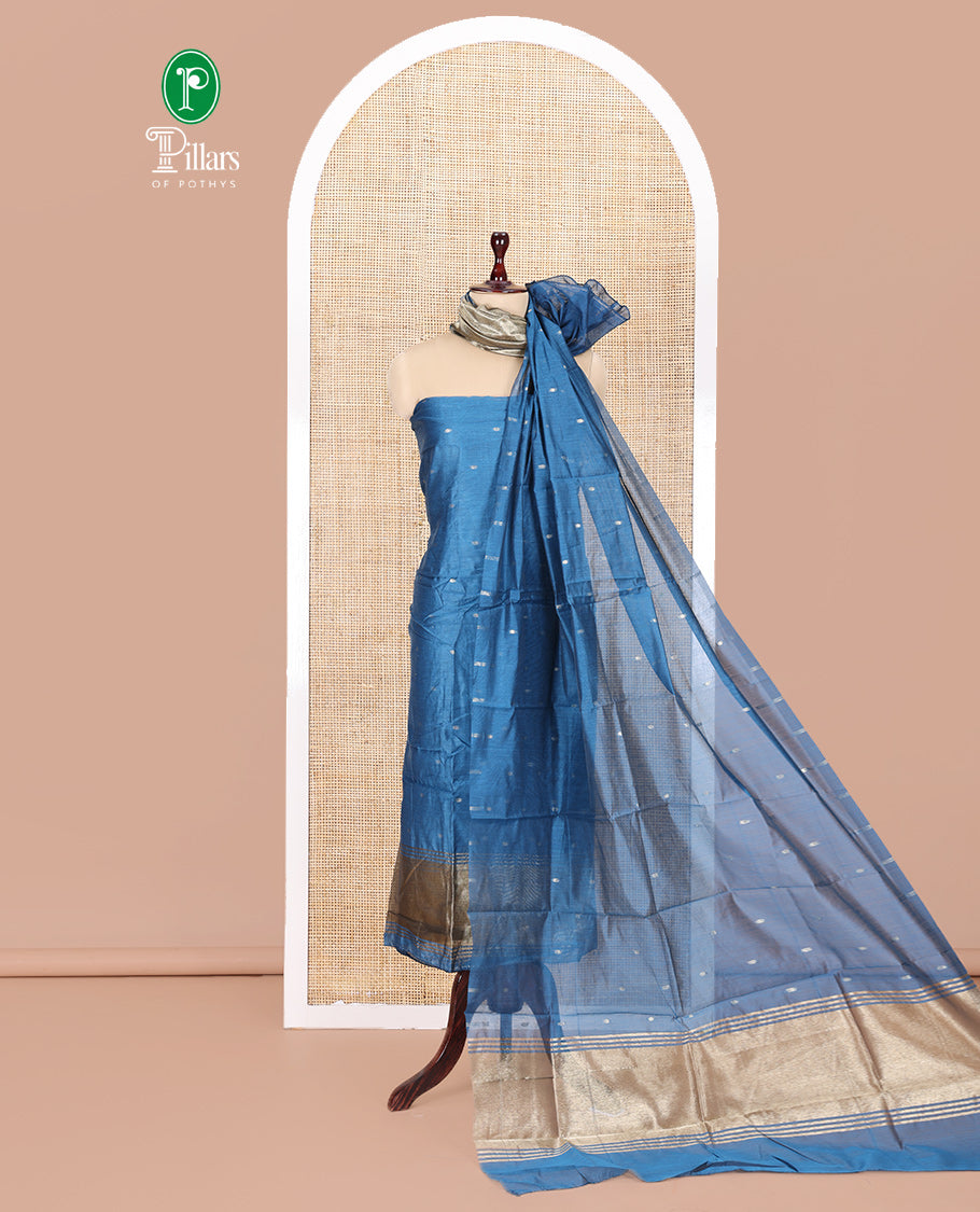 Firozi Blue Banarasi Chanderi Material Churidar, Beautified with Buttas Top, a Plain Bottom, and a Matching Dupatta