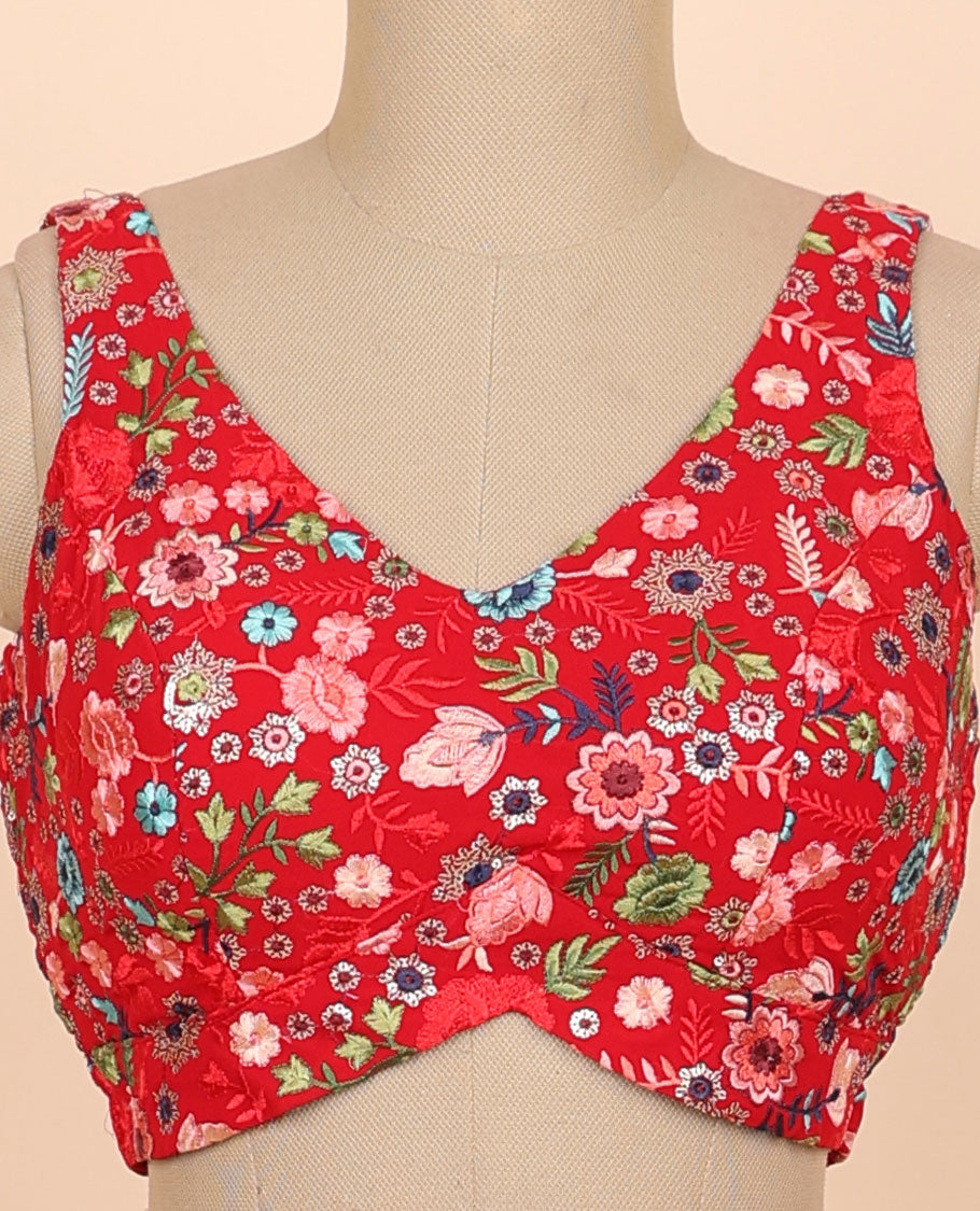 Red floral embroidered front & back deep v-neck raw-silk readymade sleeveless blouse