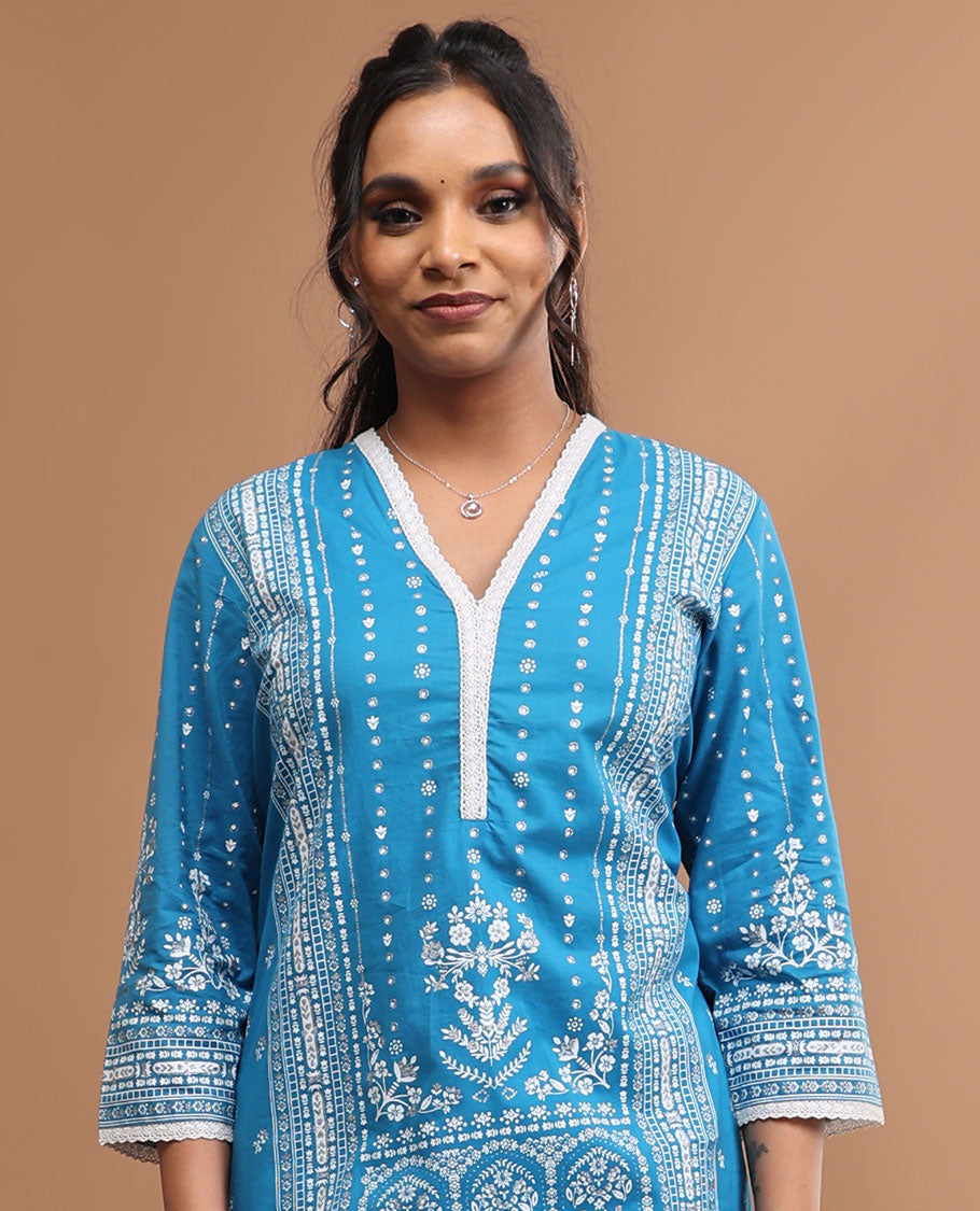 Blue floral design v neck, 3/4 th sleeve,below knee lenght top with straight pants & floral printed dupatta
