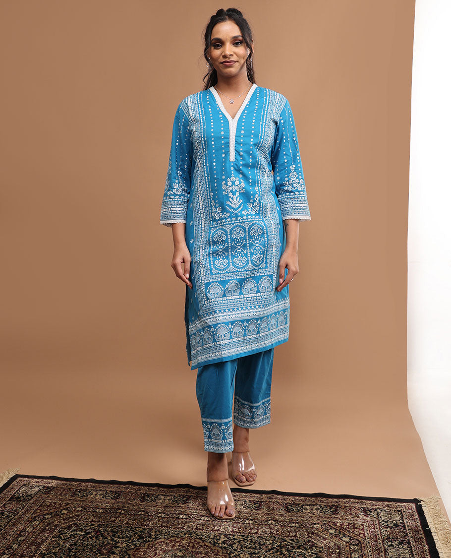 Blue floral design v neck, 3/4 th sleeve,below knee lenght top with straight pants & floral printed dupatta