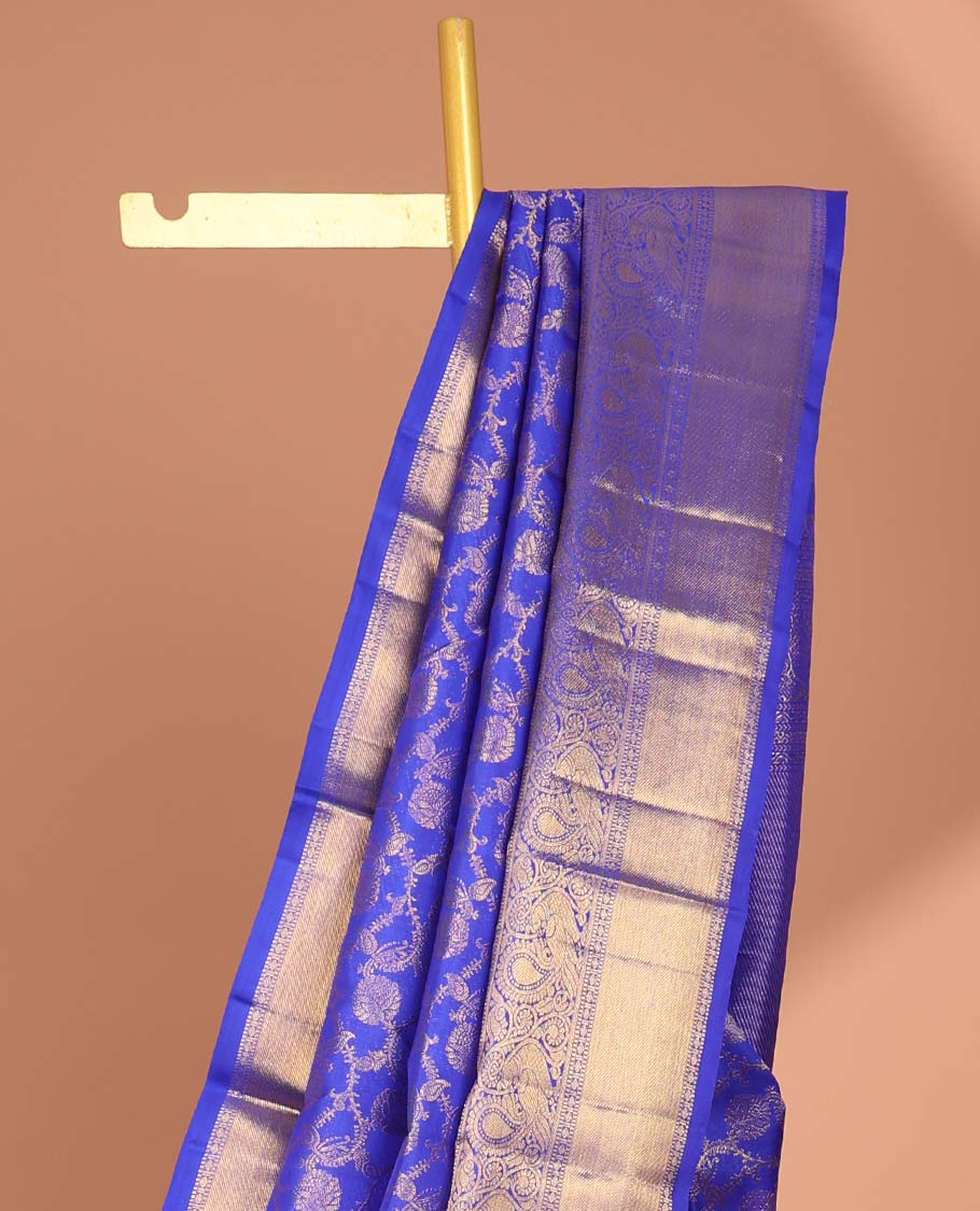 Blue floral jacquard samudrika silk saree with self intricate zari design border & zari design pallu