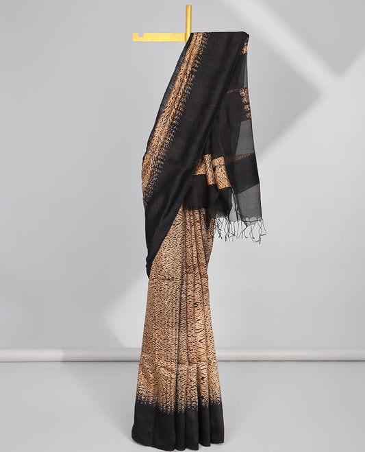 Light brown abstract design matka silk saree with contrast plain border & black abstract design pallu