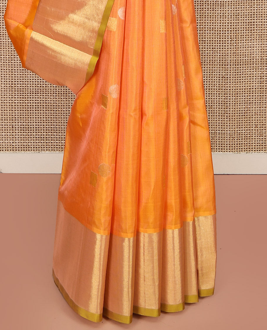 Orange Venkatagiri Silk Saree, Showcasing Zari Buttas All Over Its Body, Complemented by a Contrast Zari Border, Pallu of Zari Designs, and Paired with a Contrast Blouse