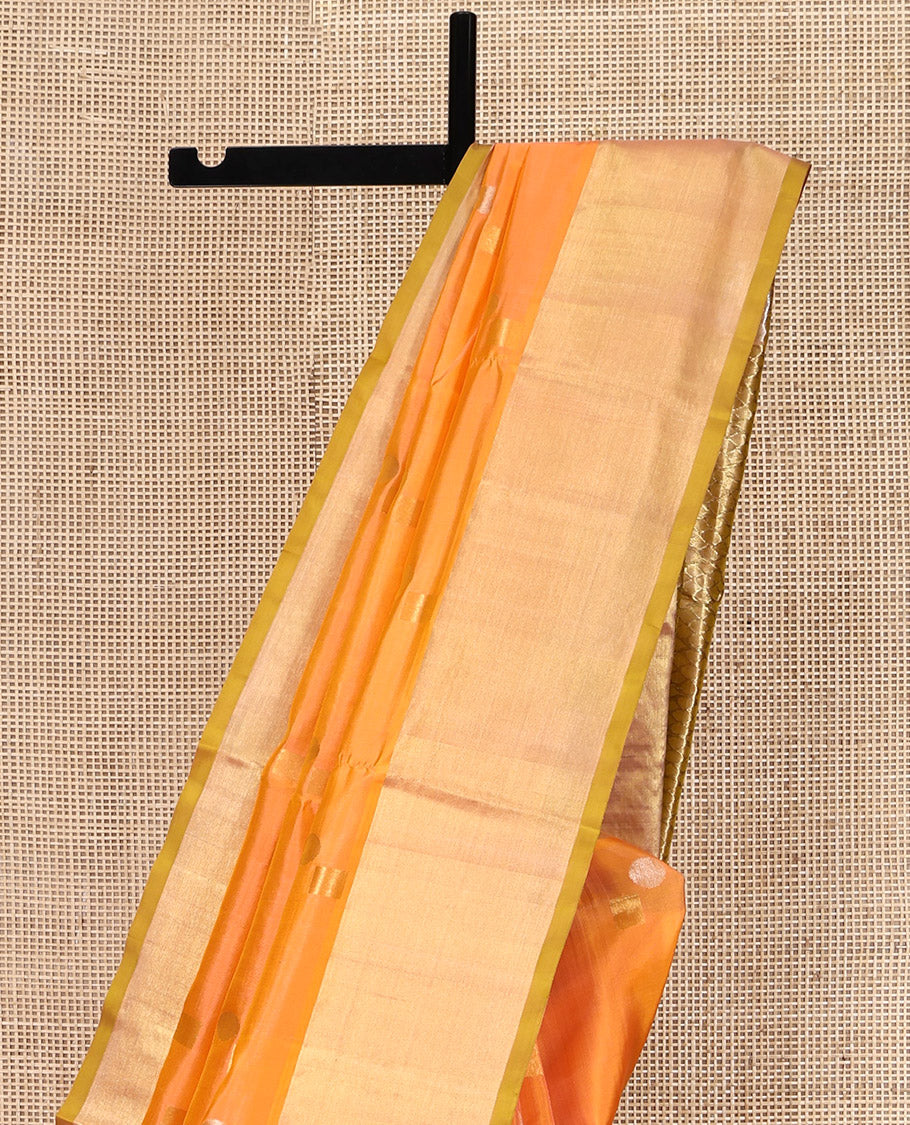 Orange Venkatagiri Silk Saree, Showcasing Zari Buttas All Over Its Body, Complemented by a Contrast Zari Border, Pallu of Zari Designs, and Paired with a Contrast Blouse