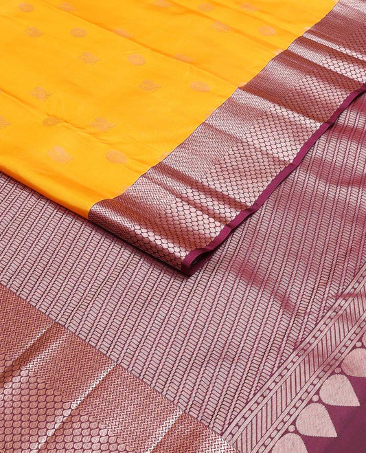 Yellow annam chakram buttas Vasundhara silk mix saree, contrast vanki & thilakam border & pallu of geometric designs