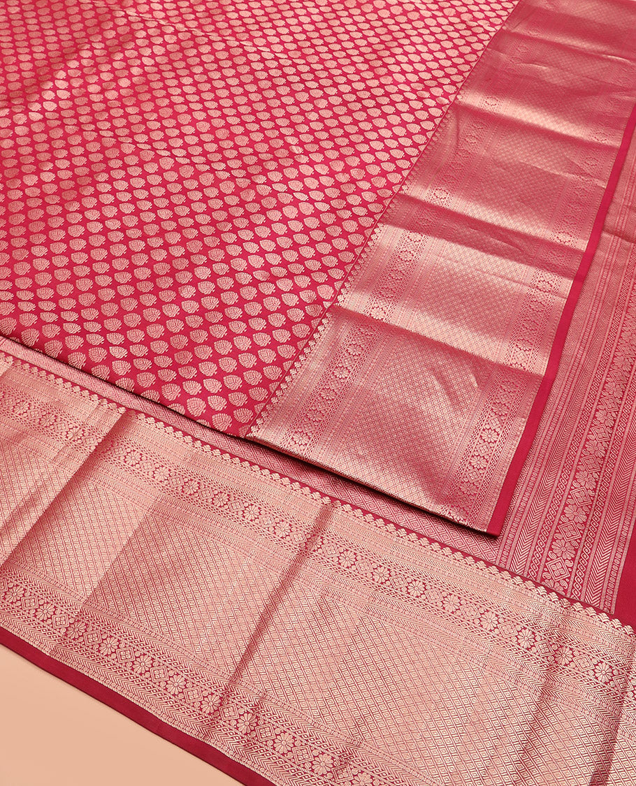 Red Kanchipuram Wedding Silk Saree Richly Detailed with Zari Buttas, Highlighted with Zari Border of Poun, Kathir, Neli, Kamalam, Diamond, Manga, and Mayil Kann Designs, Grandly Zari-Woven Jaal Pallu, and Paired with a Matching Blouse