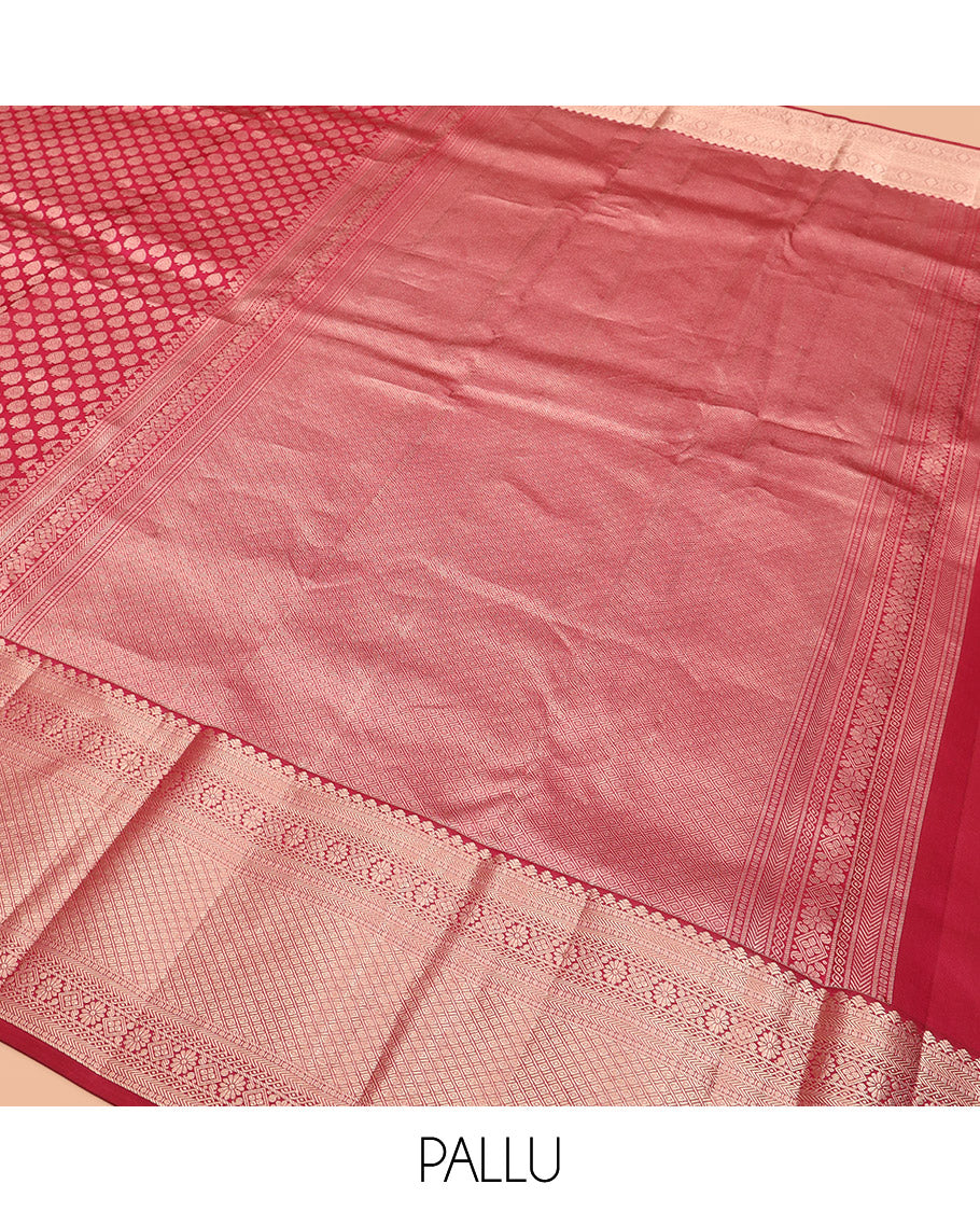 Red Kanchipuram Wedding Silk Saree Richly Detailed with Zari Buttas, Highlighted with Zari Border of Poun, Kathir, Neli, Kamalam, Diamond, Manga, and Mayil Kann Designs, Grandly Zari-Woven Jaal Pallu, and Paired with a Matching Blouse