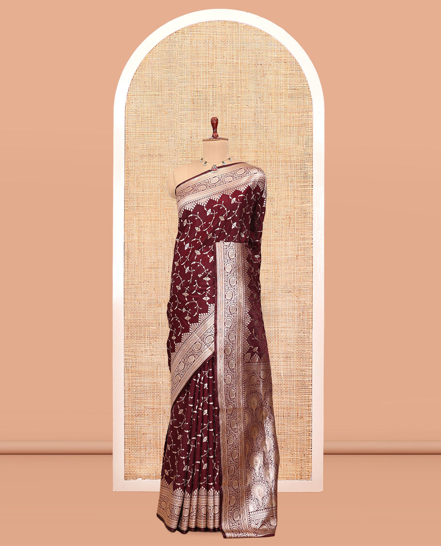Maroon Semi-Banaras Satin Silk Saree