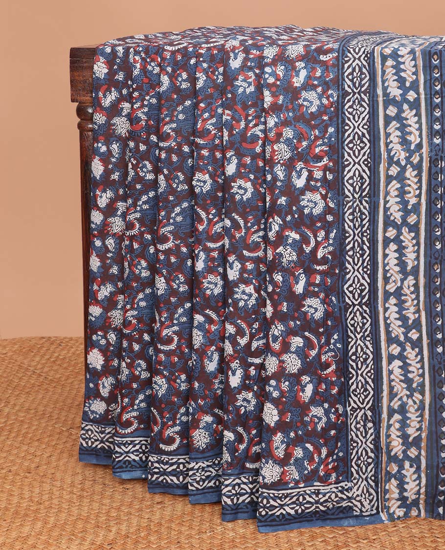 Blue floral design mul mul cotton saree with self geometric design border & floral design pallu