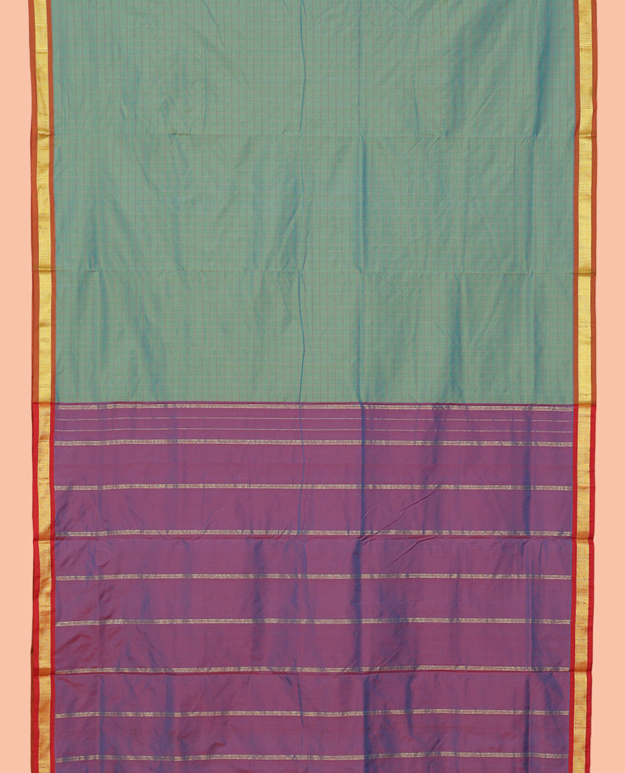 Blue Checked Ten-Yard Saree, Complemented by a Contrast Zari Traditional Border, Contrast Pallu of Stripes, and No Blouse