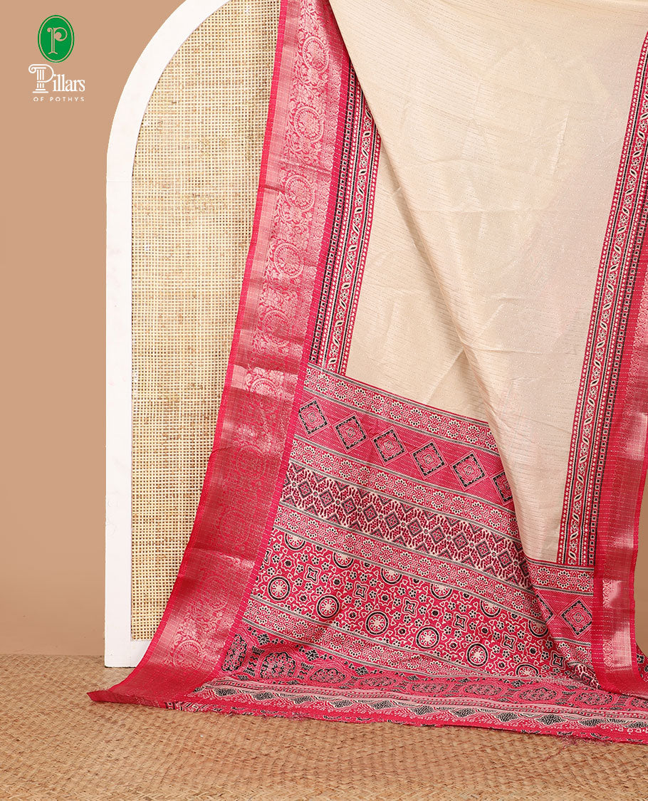 Cream vertical zari striped dola silk saree, contrast rani pink traditional zari border & intricate Ajrakh printed pallu