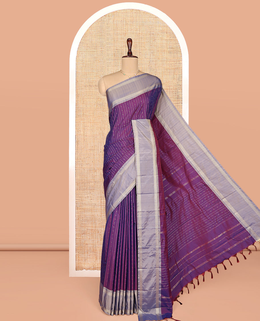 Purple Aarani Gift Saree, Elevated with Stripes on Its Body, Complemented by a Contrast Rettai Pettu Striped Border, Subtle Striped Pallu, and Paired with a Matching Blouse