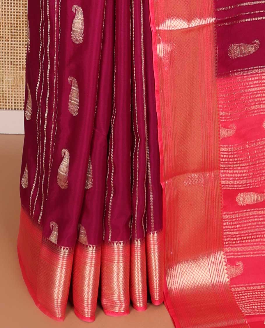 Maroon all-over striped, paisely mysore silk saree with contrast intricate zari design border