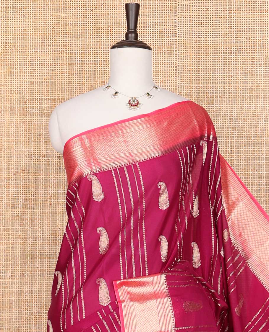 Maroon all-over striped, paisely mysore silk saree with contrast intricate zari design border