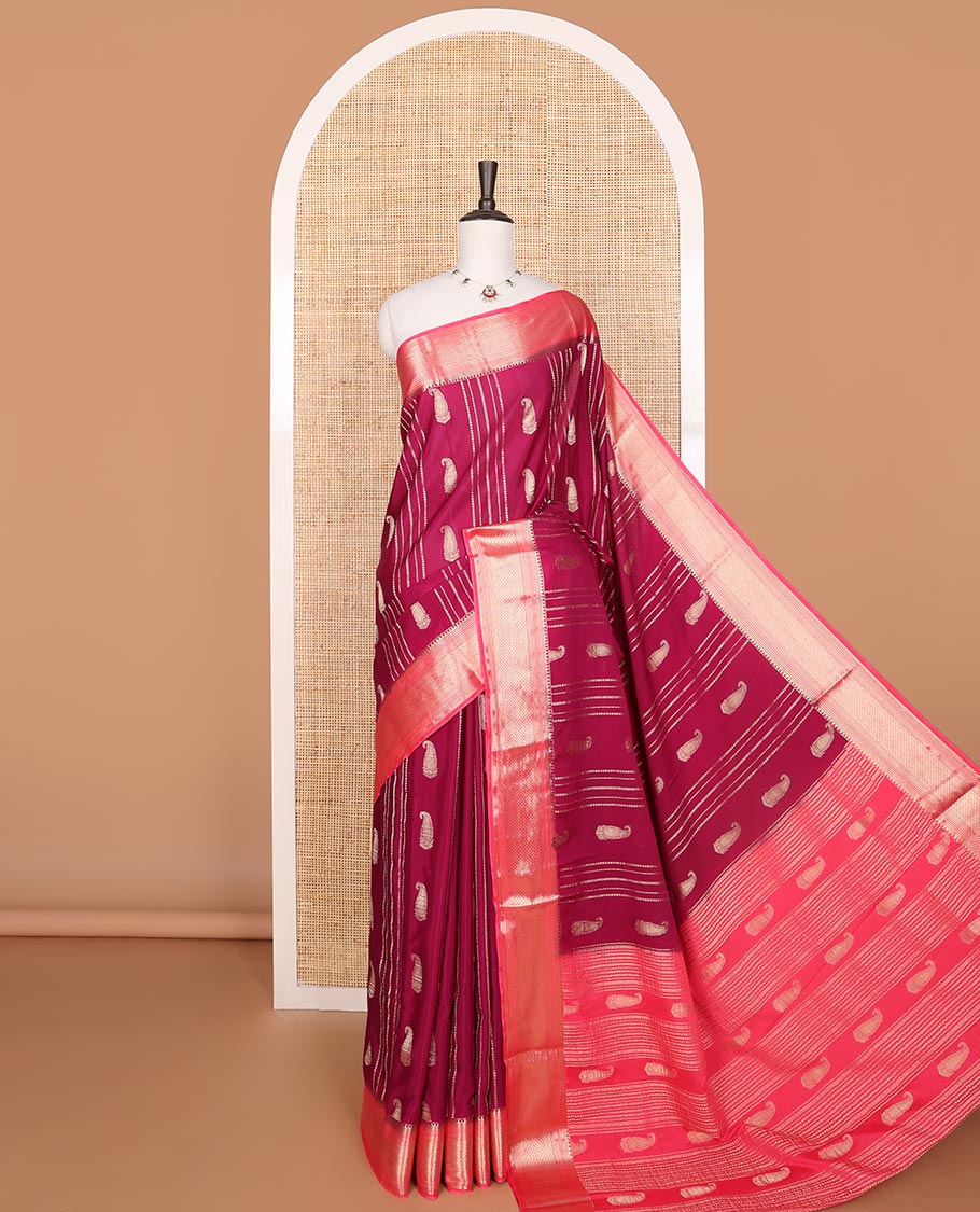 Maroon all-over striped, paisely mysore silk saree with contrast intricate zari design border