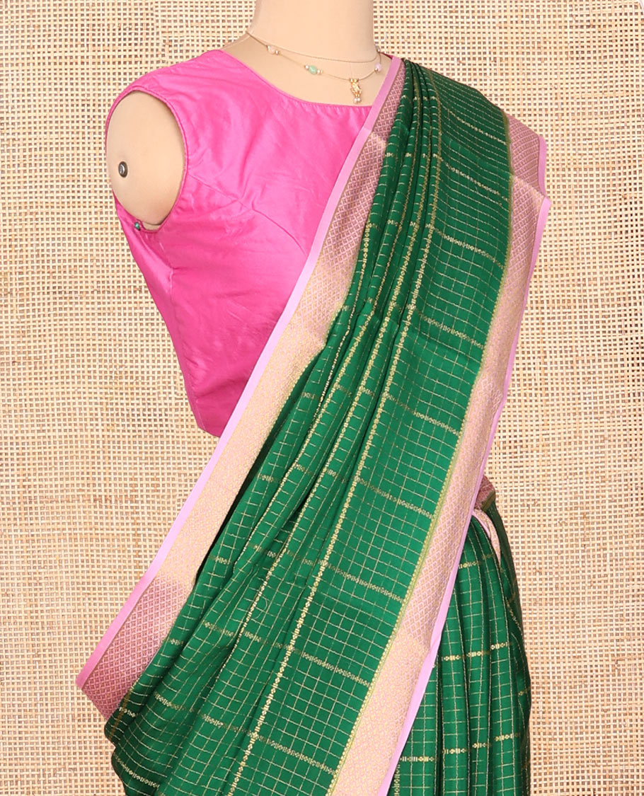 Green Mysore Silk Saree, Ornamented with Zari Checked Design on Its Body, Complemented by a Contrast Traditional Zari Design Border, Sparsely Woven Pallu of Stripes, and Paired with a Contrast Blouse