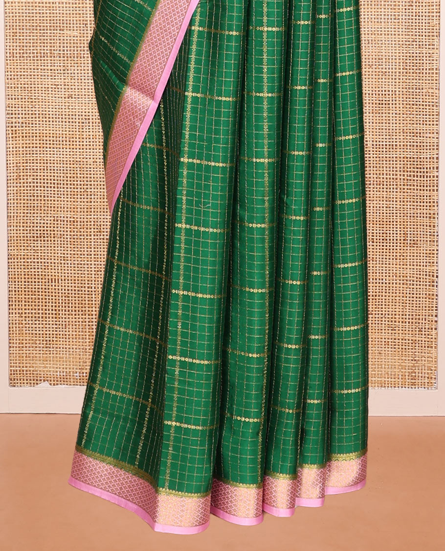 Green Mysore Silk Saree, Ornamented with Zari Checked Design on Its Body, Complemented by a Contrast Traditional Zari Design Border, Sparsely Woven Pallu of Stripes, and Paired with a Contrast Blouse