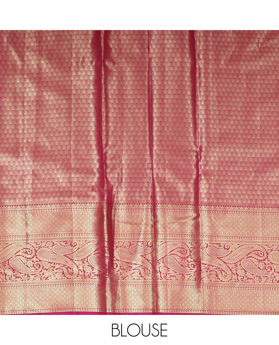Light onion pink jacquard art-silk half-saree, contrast traditional zari bordered skirt, jacquard blouse, and a intricate dhavani