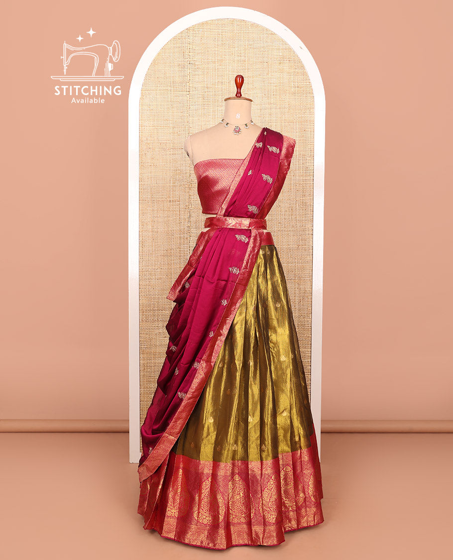 Gold-pink zari buttas half-saree with contrast Mughal-style paisley motifs woven bordered skirt, brocade blouse, and a zari design dhavani