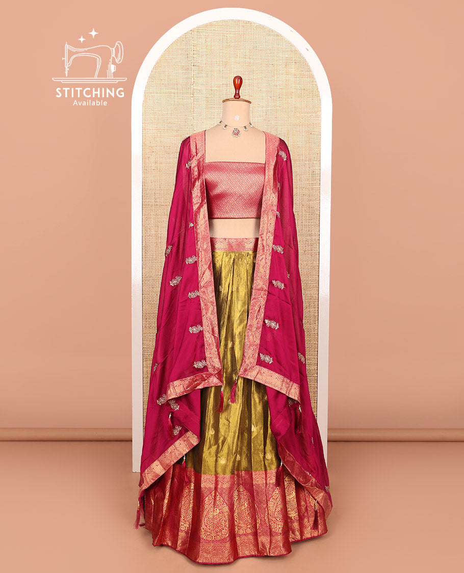 Gold-pink zari buttas half-saree with contrast Mughal-style paisley motifs woven bordered skirt, brocade blouse, and a zari design dhavani