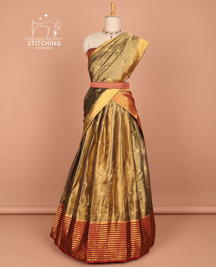 Brown buttas half saree with contrast striped border, intricate zari design blouse & butta , striped zari design dhavani