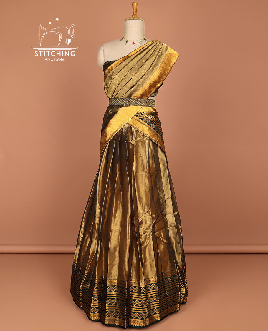 Brown half saree with self zig zag striped border, zari design blouse & floral zari design dhavani