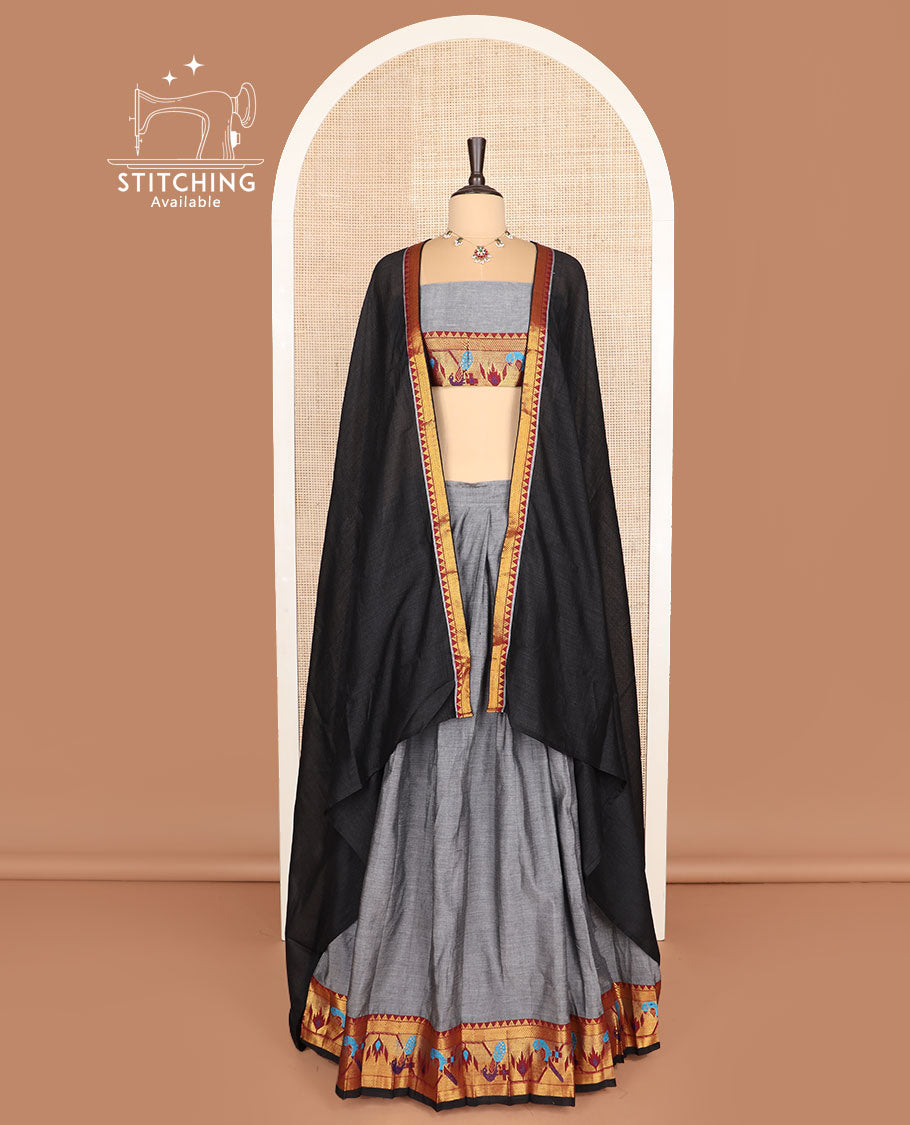 Grey cotton half-saree, plain with contrast paithani bordered skirt, matching blouse, and a contrast zari border dhavani