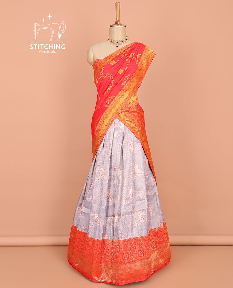 Grey floral printed art silk half saree, contrast traditional design border, jacquard blouse & intricate dhavani