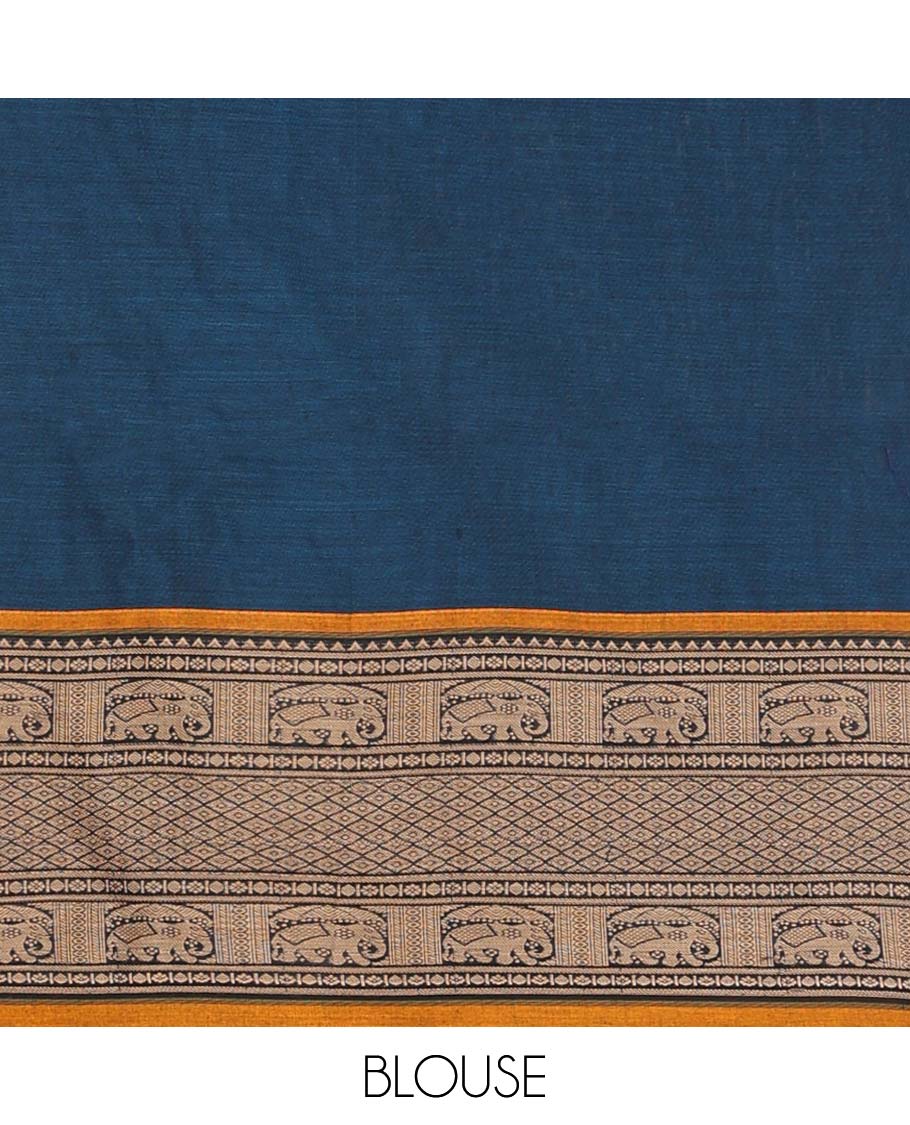Blue cotton half saree with contrast elephant motifs border, elephant design blouse & elephant design border dhavani