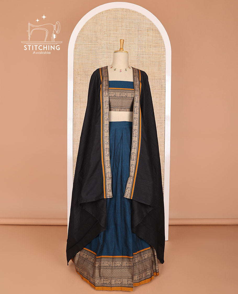 Blue cotton half saree with contrast elephant motifs border, elephant design blouse & elephant design border dhavani
