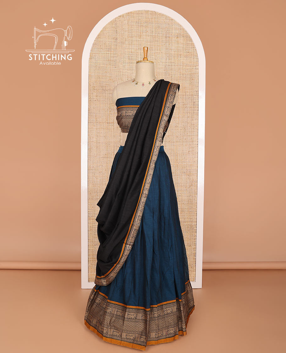 Blue cotton half saree with contrast elephant motifs border, elephant design blouse & elephant design border dhavani
