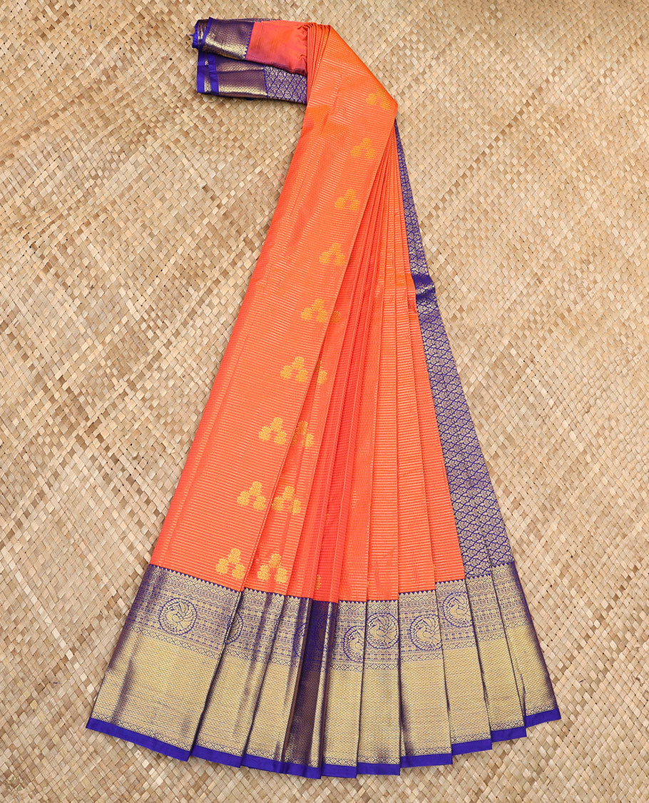 Orange Budget Silk Saree Highlighted with Zari Stripes and Floral Buttas, Accentuated by a Contrast Traditional Zari-Designed Border, Featuring a Pallu Elevated with Jaal Design, Paired with a Contrast Blouse