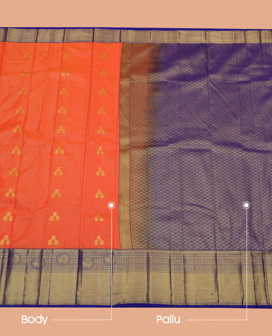 Orange Budget Silk Saree Highlighted with Zari Stripes and Floral Buttas, Accentuated by a Contrast Traditional Zari-Designed Border, Featuring a Pallu Elevated with Jaal Design, Paired with a Contrast Blouse