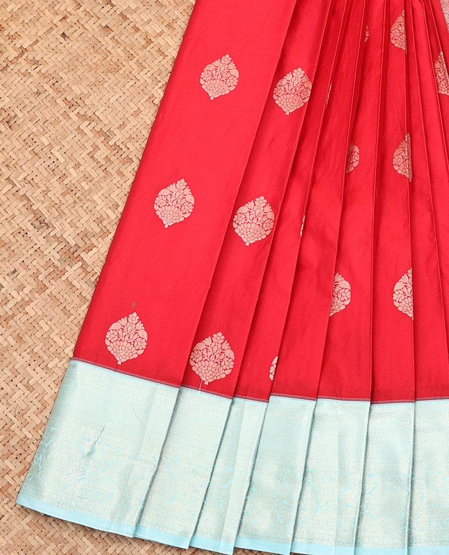 Red Budget Silk Saree, Ornamented with Zari Buttas All Over Its Body, Complemented by a Contrast Traditional Zari Design Border, Sparsely Woven Pallu, and Paired with a Contrast Blouse