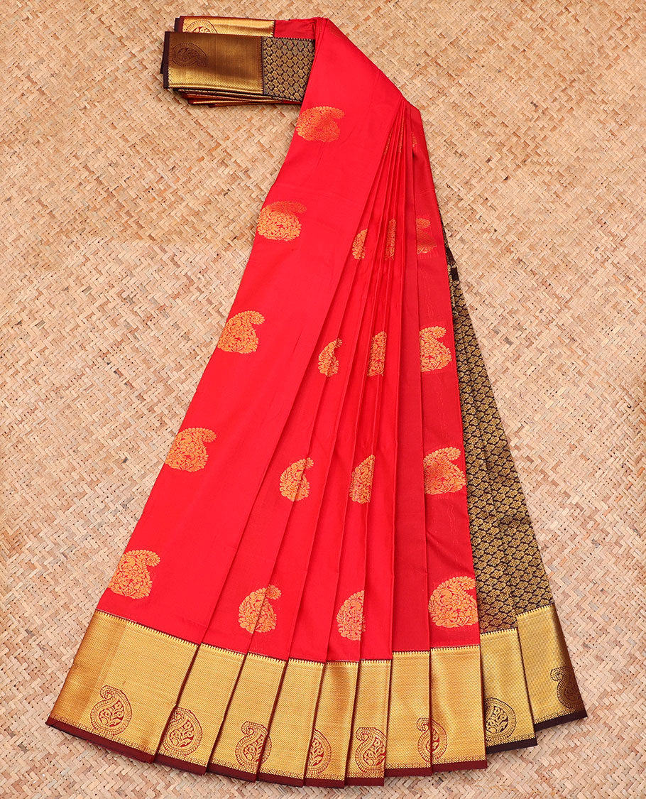 Red Budget Silk Saree, Delicately Woven with Zari Buttas on Its Body, Complemented by a Contrast Paisley Zari Border, Grand Pallu, and Paired with a Contrast Blouse
