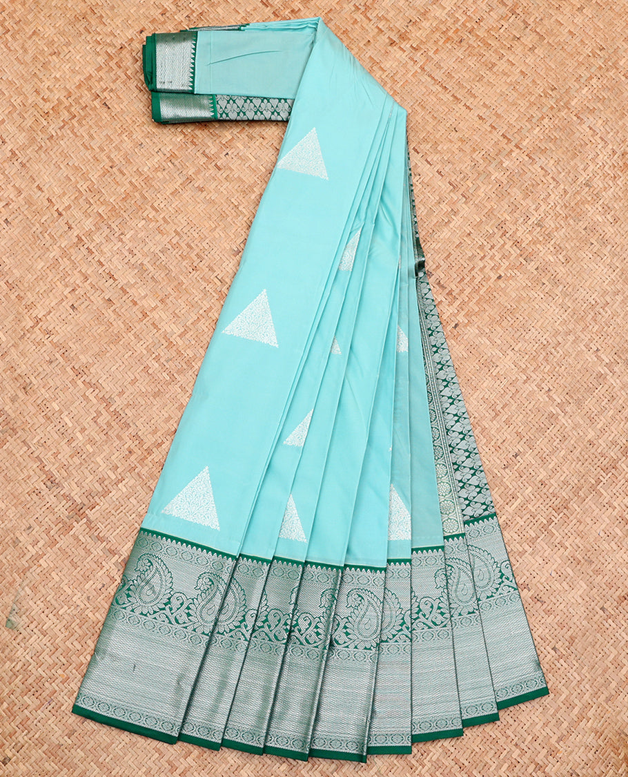 Blue Budget Silk Saree, Adorned with Buttas All Over Its Body, Complemented by a Contrast Traditional Zari Design Border, Grand Pallu, and Paired with a Contrast Blouse