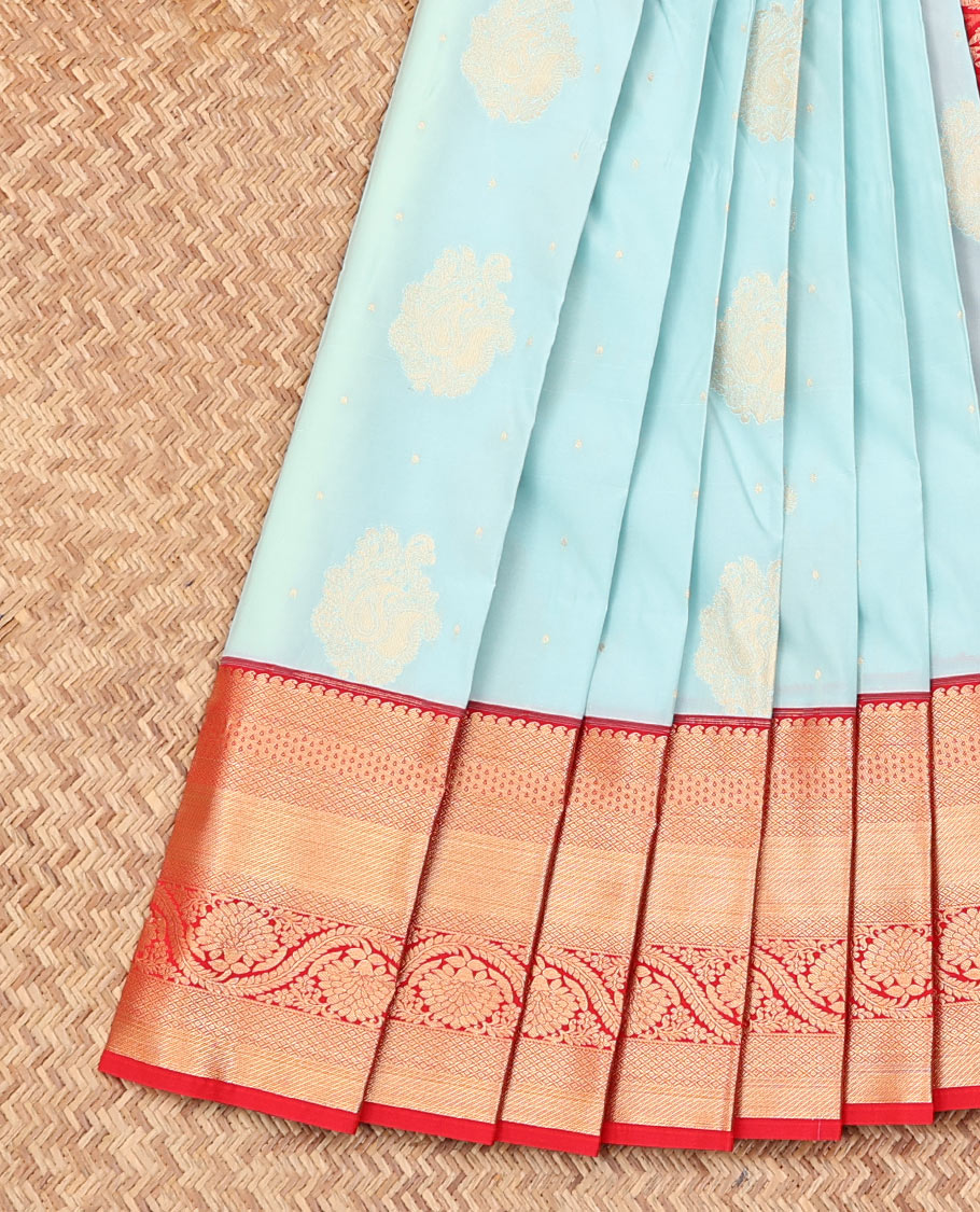 Baby Blue Budget Silk Saree, Sparsely Woven with Zari Buttas on Its Body, Complemented by a Contrast Traditional Zari Design Border, Grand Pallu, and Paired with a Contrast Blouse