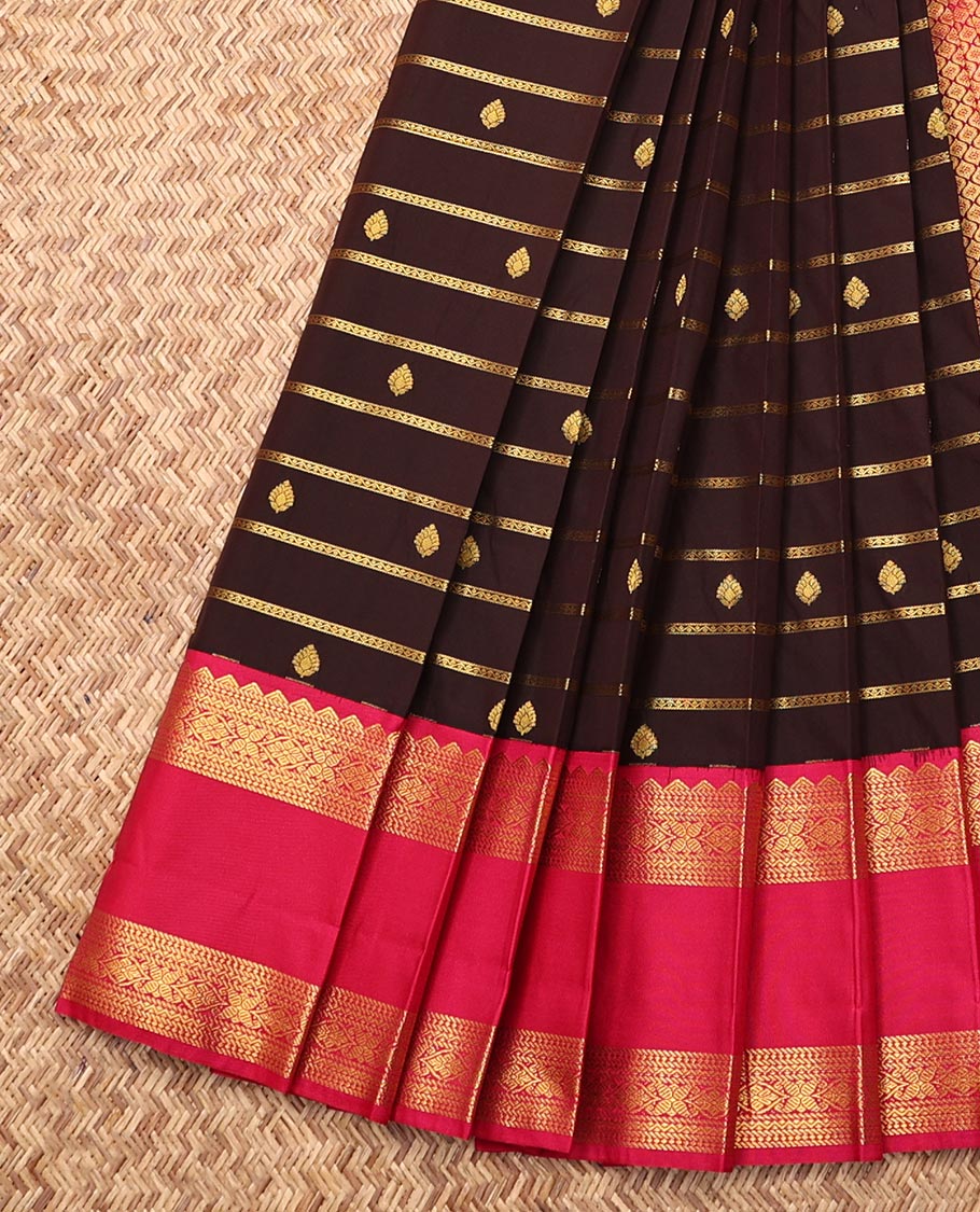 Brown Budget Silk Saree, Gleamed Up with Zari Buttas and Stripes, Complemented by a Contrast Traditional Zari Border, Grand Pallu, and a Contrast Blouse
