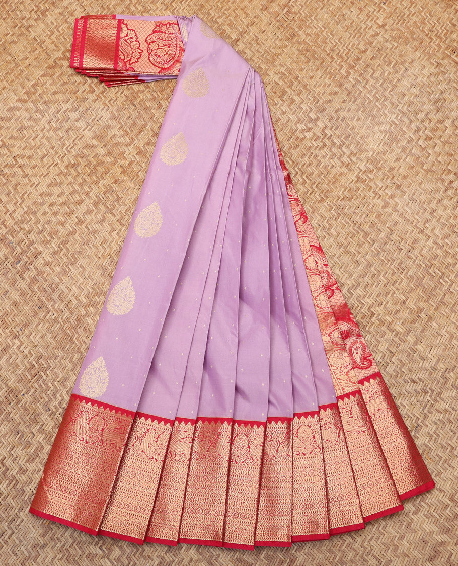 Lavender Budget Silk Saree, Subtly Woven with Zari Buttas, Complemented by a Contrast Traditional Zari Border, Grand Pallu, and a Contrast Blouse