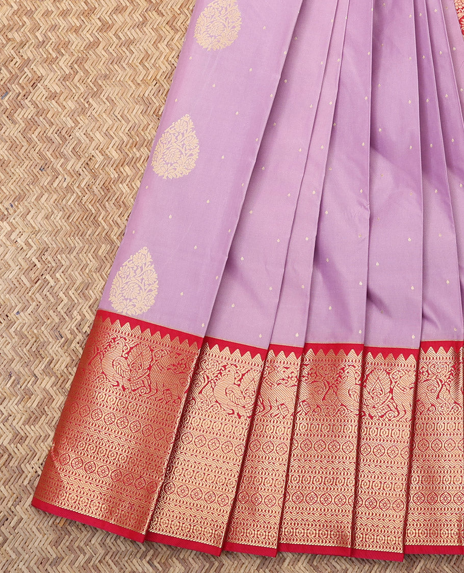 Lavender Budget Silk Saree, Subtly Woven with Zari Buttas, Complemented by a Contrast Traditional Zari Border, Grand Pallu, and a Contrast Blouse