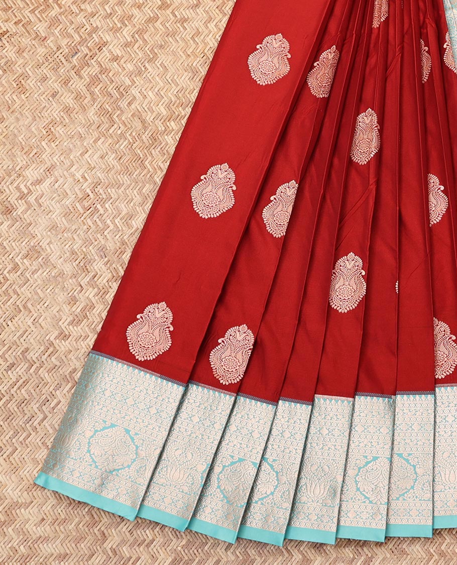 Rust Budget Silk Saree, Bedecked with Zari Buttas, Complemented by a Contrast Traditional Zari Border, Grand Pallu, and a Contrast Blouse