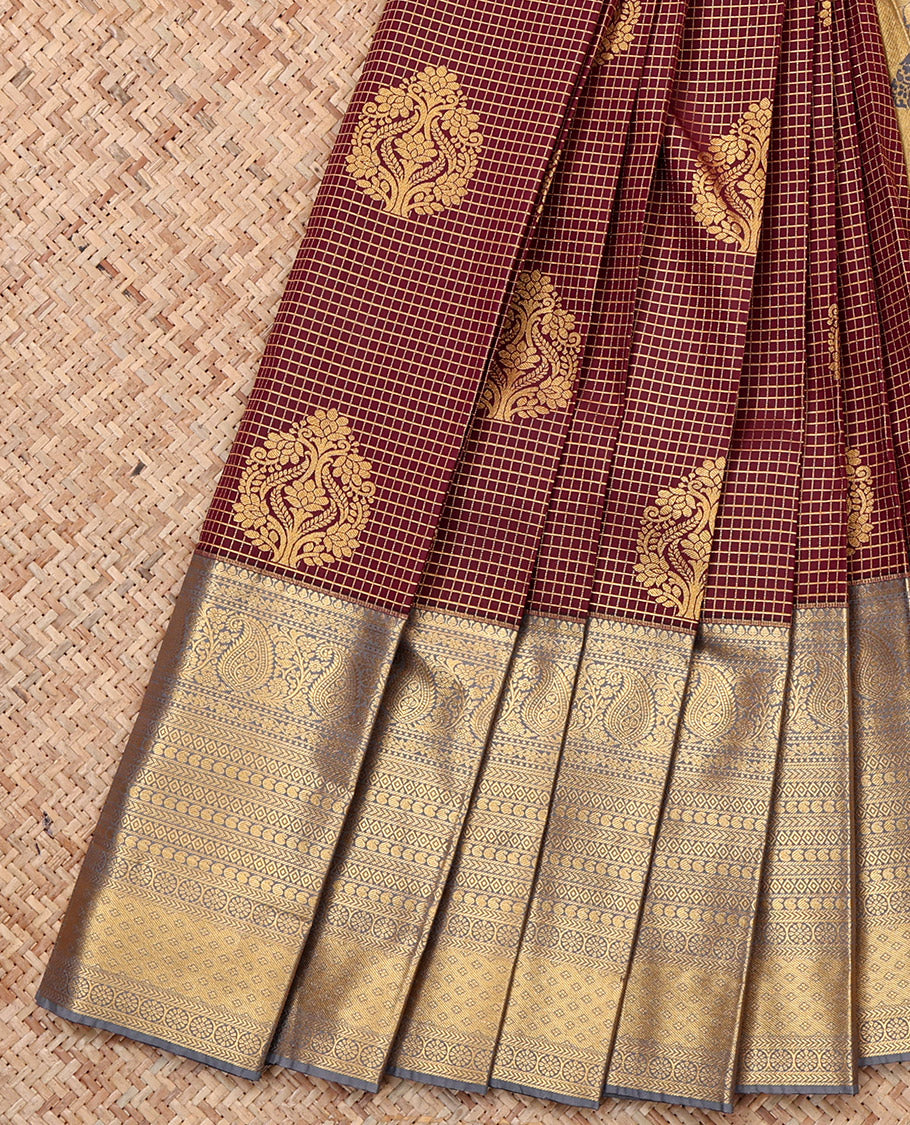 Maroon Budget Silk Saree, Richly Detailed with Zari Buttas and Micro-Checks, a Contrast Traditional Zari Big Border, Intricate Pallu, and a Contrast Blouse