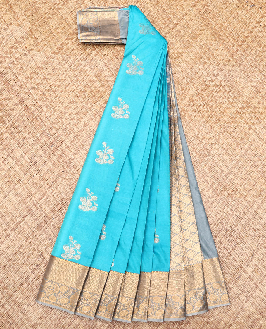 Blue Budget Silk Saree, Graced with Zari Buttas, Complemented by a Contrast Traditional Zari Border, Grand Pallu, and a Contrast Blouse