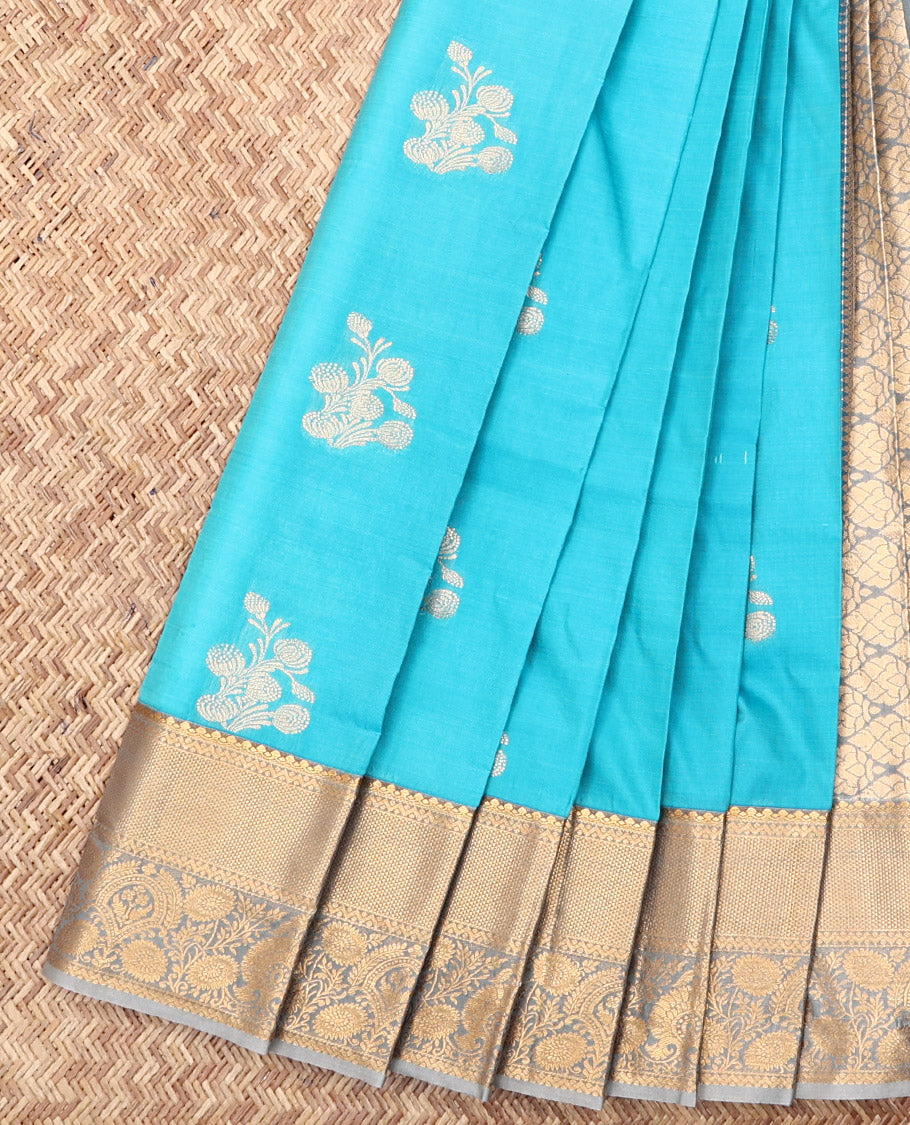 Blue Budget Silk Saree, Graced with Zari Buttas, Complemented by a Contrast Traditional Zari Border, Grand Pallu, and a Contrast Blouse
