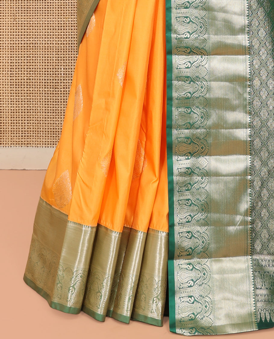 Yellow Budget Silk Saree, Subtly Sparkled with Zari Buttas, Complemented by a Contrast Traditional Zari Border, Grand Jaal Pallu, and Contrast Blouse
