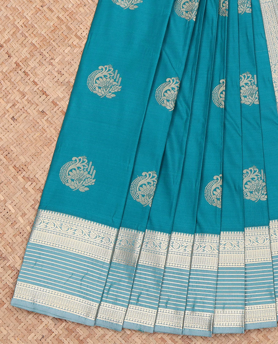 Blue Budget Silk Saree, Detailed with Zari Buttas All Over Its Body, Complemented by Contrast Traditional Zari Design Border, Pallu Adorned with Paisley Designs, and Paired with a Contrast Blouse