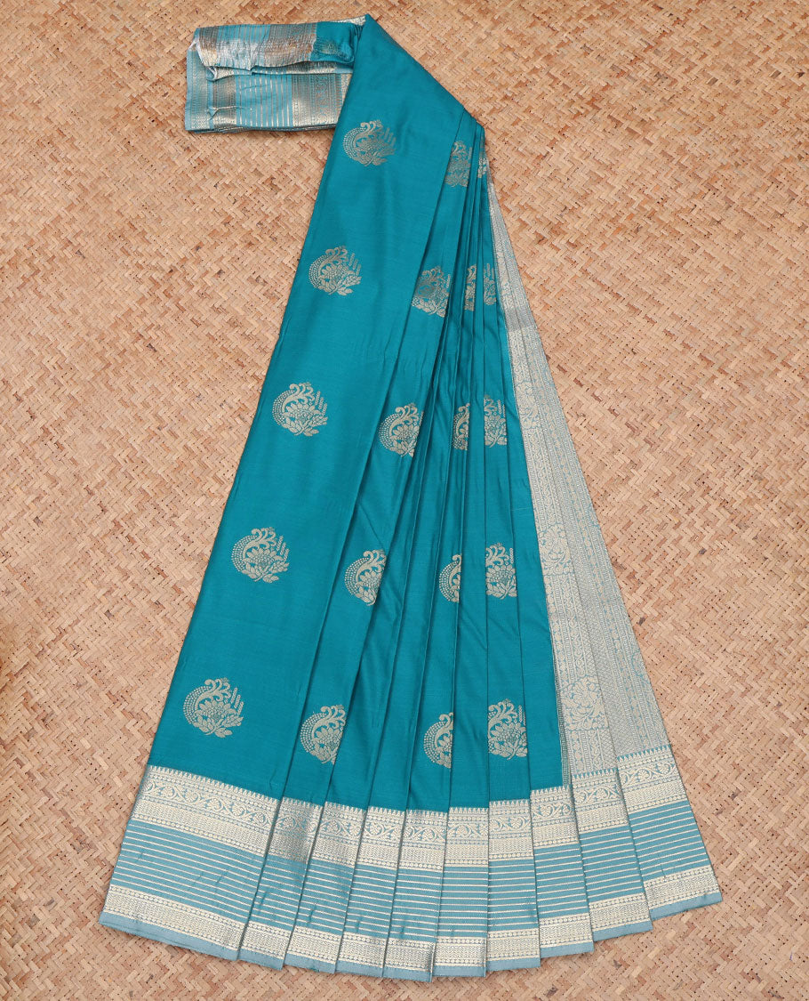 Blue Budget Silk Saree, Detailed with Zari Buttas All Over Its Body, Complemented by Contrast Traditional Zari Design Border, Pallu Adorned with Paisley Designs, and Paired with a Contrast Blouse