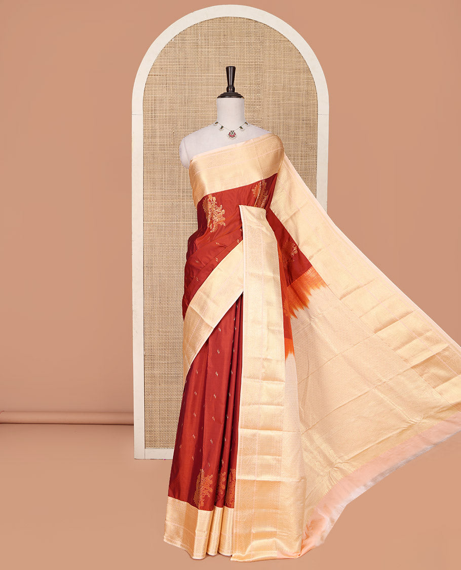 Rust Orange Budget Silk Saree, Bedecked with Floral Zari Buttas All Over Its Body, Complemented by a Contrast Traditional Zari Design Border, Sparsely Sparkled Pallu, and Paired with a Contrast Blouse