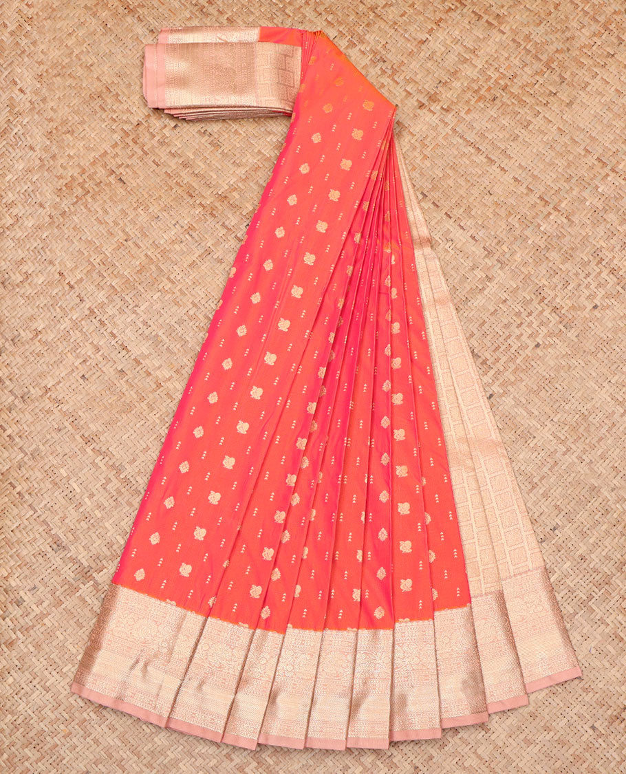 Orange Budget Silk Saree, Dazzled with Zari Buttas All Across Its Body, Complemented by a Contrast Traditional Zari Design Border, Pallu of Checked Designs, and Paired with a Contrast Blouse